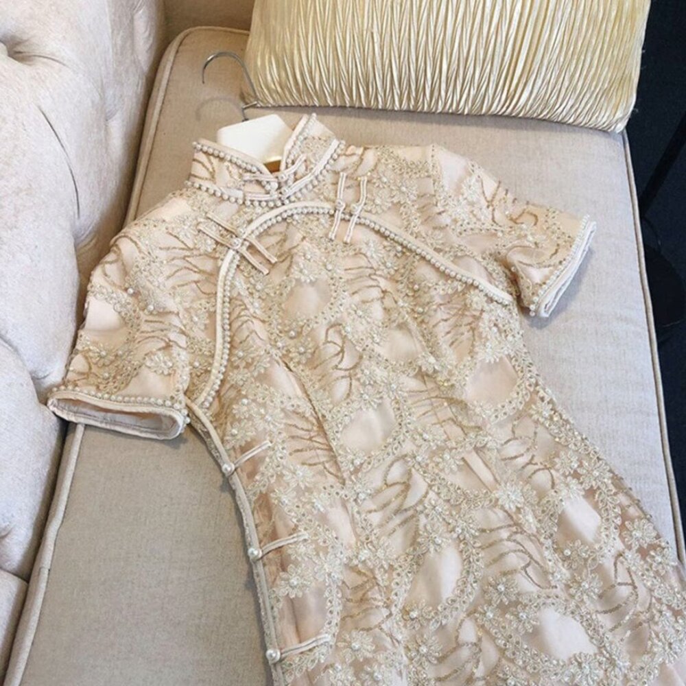 1920s Inspired Ivory Beaded Embroidery Cheongsam/Qipao